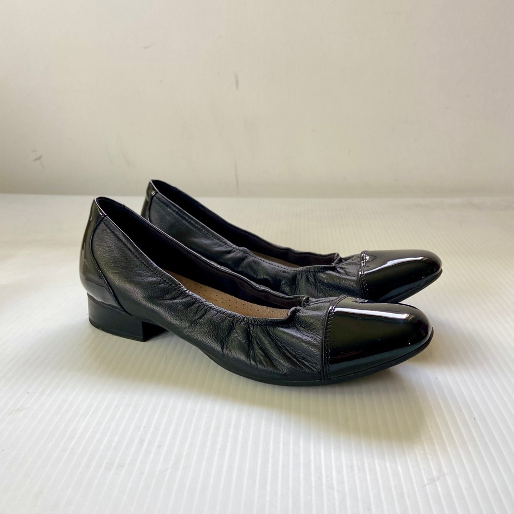 Clarks Juliet Step Black Leather Cap Toe Ballet Flats Womens 10M